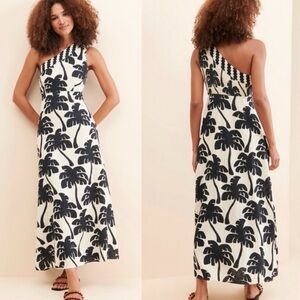 NEW FARM Rio One-shoulder Palm Tree Linen blend Maxi Dress Black White Sz  Large